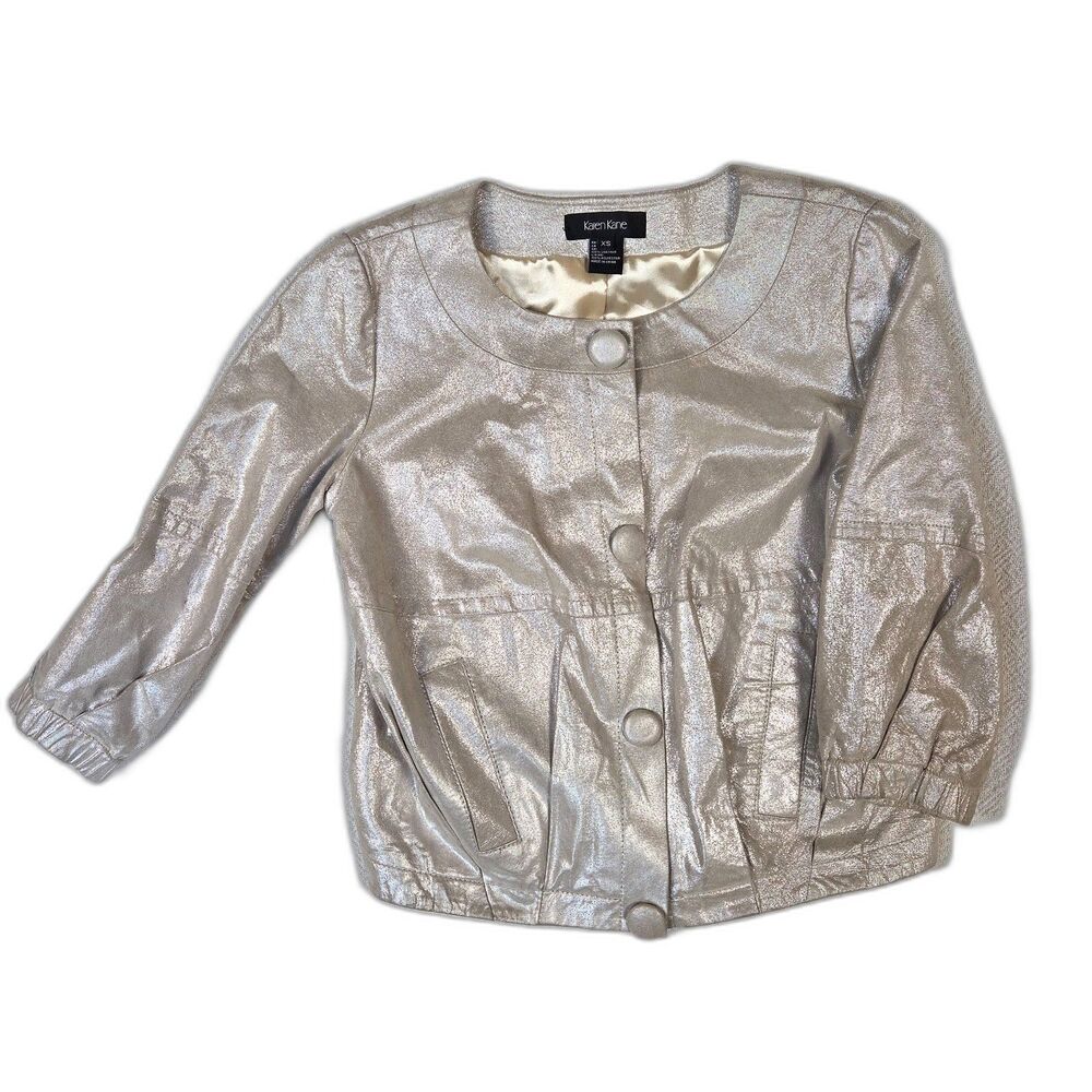 Karen Kane Womens XS Leather Glam Rock Festival Chic Shimmer Metallic Jacket